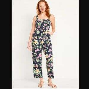 NEW Old Navy Wide Leg Blue Floral Linen-Blend Adjustable Strap Jumpsuit - MP